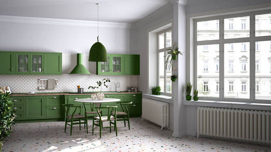 复古白色和绿色复古厨房，水磨石大理石地板，全景窗户，餐厅，带木椅的圆桌，盆栽，暖气片，灯，室内设计