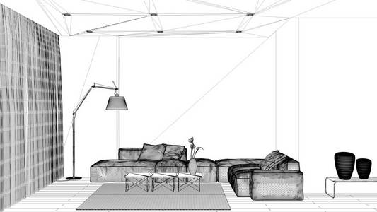 蓝图项目草案，豪华极简客厅，镶木地板，混凝土墙和木板，沙发，地毯和咖啡桌，灯和窗帘。当代室内设计