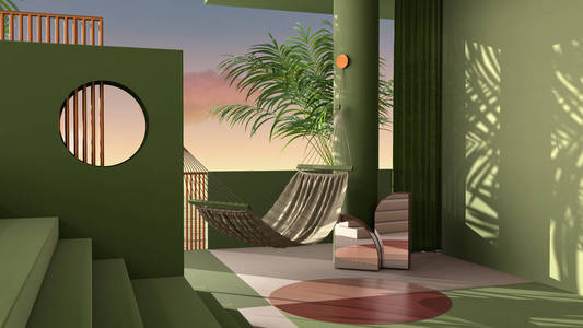 梦幻露台，海上日落或日出全景，热带棕榈树，绿色灰泥墙，楼梯和栏杆，圆柱和窗帘，吊床，室内设计