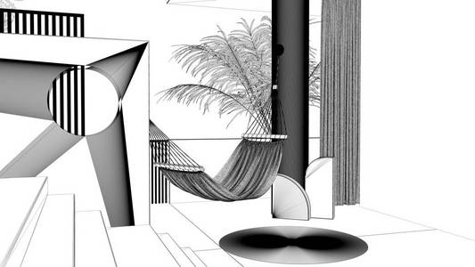 蓝图项目草案，梦幻露台，全景，热带棕榈树，灰泥墙，楼梯和栏杆，圆柱和窗帘，吊床，室内设计