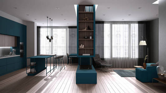 豪华简约的灰色和蓝色客厅，带岛和凳子的厨房，拼花地板，沙发，扶手椅，壁炉，地毯，带窗帘的窗户。当代室内设计
