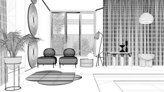 蓝图项目草案，古典空间中平面客厅的形而上学抽象对象，楼梯和墙壁，扶手椅和盆栽，地毯和灯具，室内设计