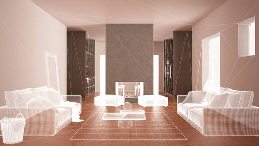 Empty white interior with terracotta tiles floor, white concrete