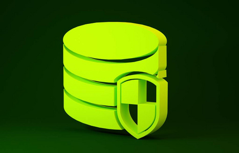 黄色数据库保护图标隔离在绿色背景上。安全数据库图标。极简主义概念。三维插图三维渲染