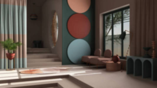 模糊的背景室内设计，柔和的色彩和形而上学的抽象物体的平面客厅在古典空间，楼梯和墙壁，扶手椅和盆栽植物，地毯，灯