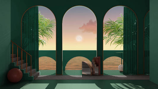 梦幻的露台，海上日落或日出，月亮和多云的天空，热带棕榈树，绿松石灰泥拱门，楼梯，地毯，经典栏杆，室内设计