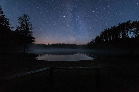 万颗夜晚湖面上有一百万颗星星.长期暴露.飞行卫星的踪迹.银河系照片