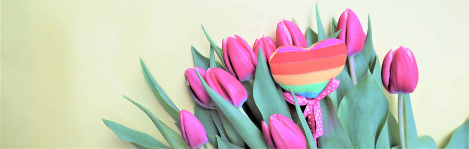 valentines day concept. bouquet of flowers, pink tulips, Heart 