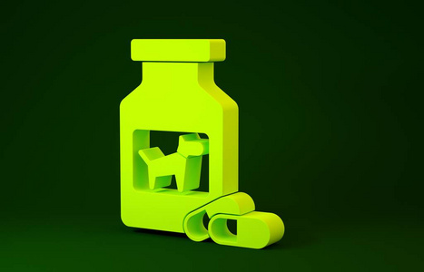 黄色狗药瓶和药丸图标隔离在绿色背景上。装有药丸的容器。动物处方药。极简主义概念。三维插图三维渲染