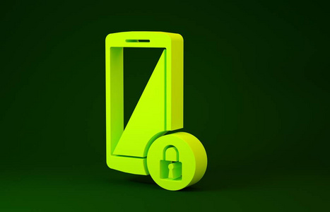 黄色智能手机，绿色背景上有封闭的挂锁图标。带锁的电话。移动安全，安全，保护概念。极简主义概念。三维插图三维渲染