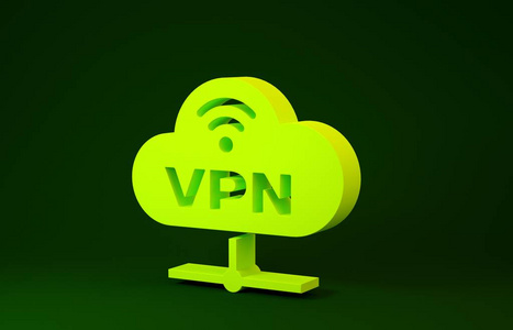 绿色背景上隔离的黄色VPN网络云连接图标。社会技术。云计算概念。极简主义概念。三维插图三维渲染