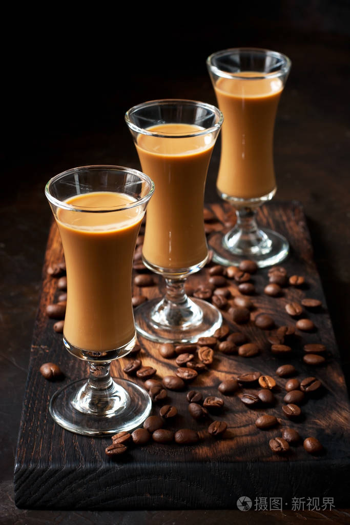 irish cream coffee liqueur in glass, selective focus