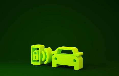 绿色背景上隔离的黄色智能汽车报警系统图标。智能手机通过无线方式控制汽车安全。极简主义概念。三维插图三维渲染