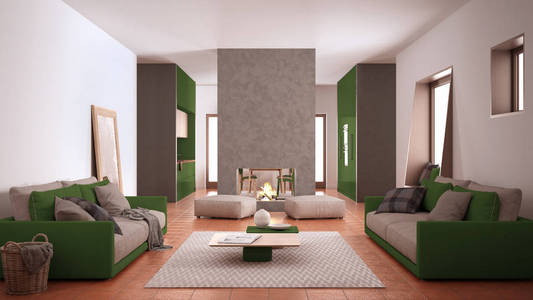 舒适的绿色和米色客厅，配有沙发地毯桌子和蓬蓬，混凝土现代壁炉和墙壁，带桌子的厨房，陶土地板，现代室内设计