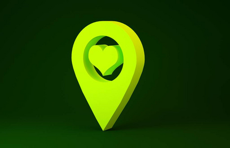 黄色地图指针，绿色背景上有独立的心形图标。极简主义概念。三维插图三维渲染