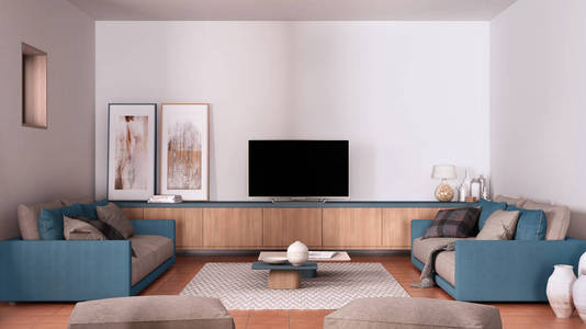 舒适的蓝色和米色客厅，配有沙发和枕头休息室地毯咖啡桌毯子蓬松和花色电视柜陶土地板现代室内设计