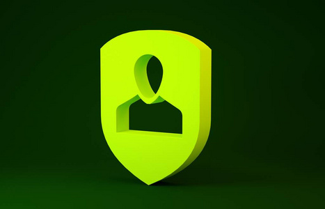 绿色背景上隔离的黄色用户保护图标。安全用户登录，密码保护，个人数据保护，认证图标。极简主义概念。三维插图三维渲染