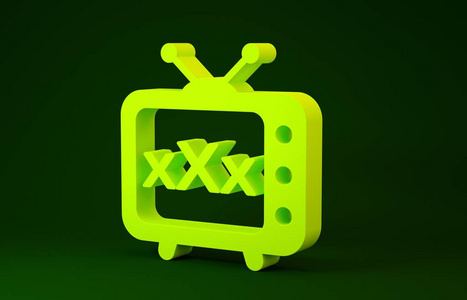 黄色XXX电视旧电视图标隔离在绿色背景上。年龄限制符号。18加号内容符号。成人频道。极简主义概念。三维插图三维渲染