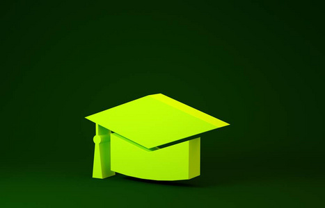 绿色背景上隔离的黄色刻度帽图标。带有流苏图案的毕业帽。极简主义概念。三维插图三维渲染