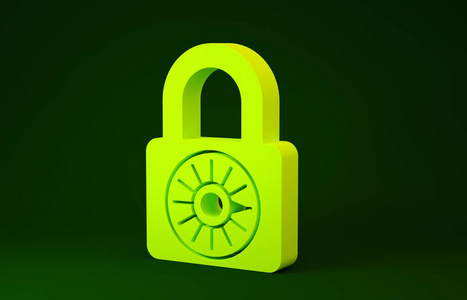 黄色安全组合锁轮图标隔离在绿色背景上。密码锁。安全，安全，保护，密码，隐私。极简主义概念。三维插图三维渲染