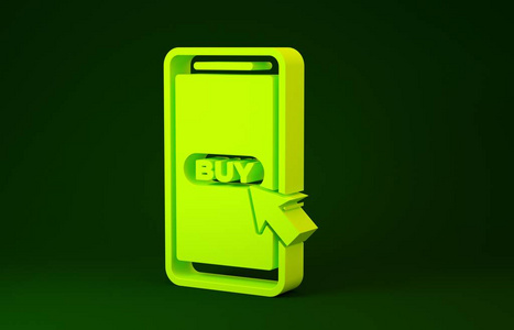 黄色手机和购物车图标隔离在绿色背景上。网购符号。超市篮子符号。极简主义概念。三维插图三维渲染