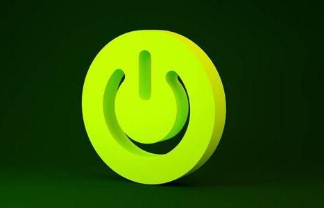 绿色背景上隔离的黄色电源按钮图标。开始标志。极简主义概念。三维插图三维渲染