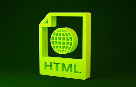 黄色HTML文件文档。下载html按钮图标隔离在绿色背景上。HTML文件符号。标记语言符号。极简主义概念。三维插图三维渲染