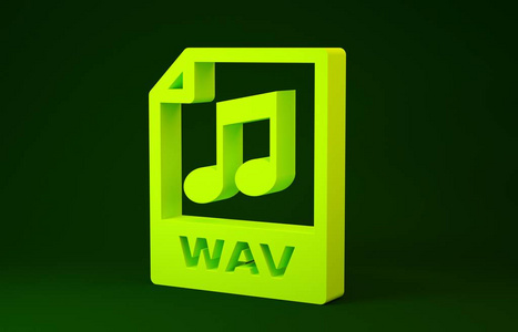 黄色WAV文件文档。下载wav按钮图标隔离在绿色背景上。数字音频riff文件的WAV波形音频文件格式。极简主义概念。三维插图三维