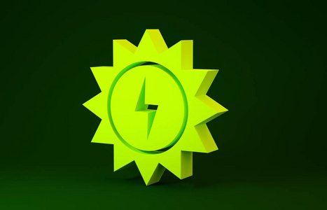 绿色背景上隔离的黄色太阳能面板图标。带有闪电符号的太阳。极简主义概念。三维插图三维渲染