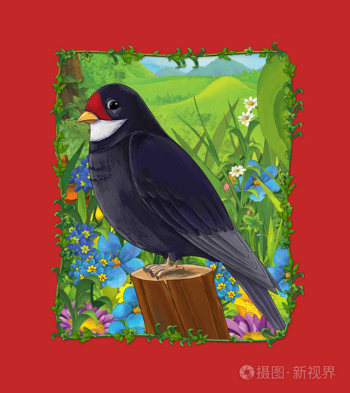 草地上有美丽的布谷鸟的卡通场景插图