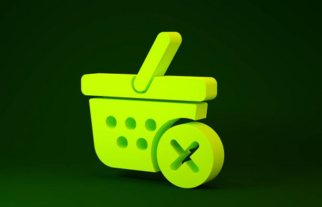 黄色移除购物篮图标隔离在绿色背景上。网购概念。送货服务标志。超市购物篮和X标记。极简主义概念。三维插图三维渲染