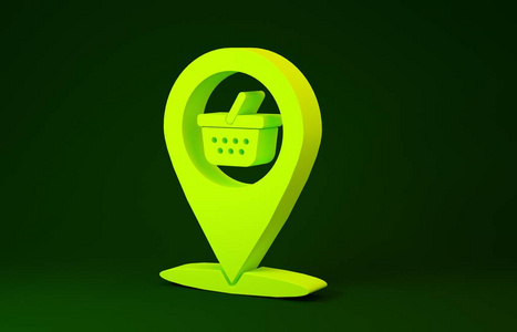 绿色背景上独立的带有购物篮图标的黄色地图指针。针尖店和购物。超市篮子符号。极简主义概念。三维插图三维渲染