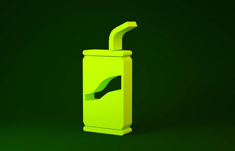 绿色背景上有吸管图标的黄色汽水罐。极简主义概念。三维插图三维渲染