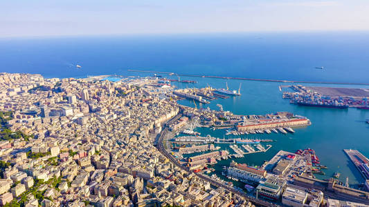 Genoa, Italy. Central part of the city, aerial view. Ships in th