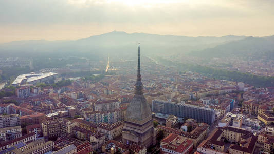 Turin, Italy. Flight over the city. Mole Antonelliana  a 19thc