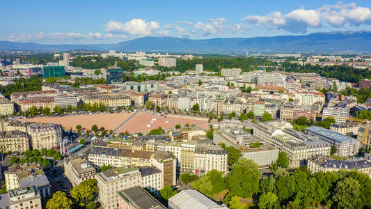 Geneva, Switzerland. Flight over the central part of the city. P