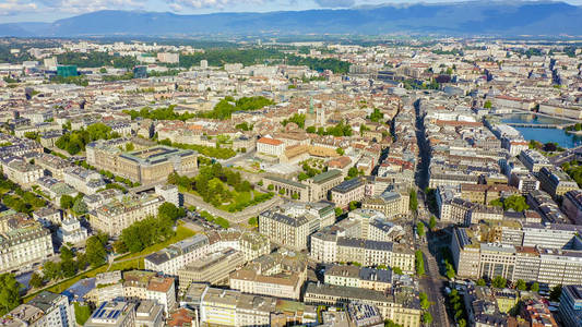 Geneva, Switzerland. Flying over the central part of the city in