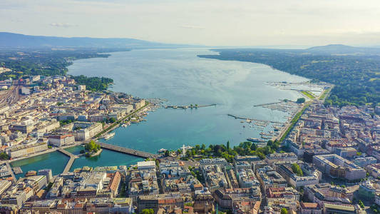 Geneva, Switzerland. Flight over the central part of the city. L