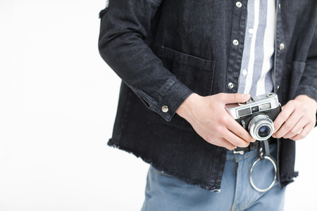 摄影照相机分离青年男人拿着照相机照片