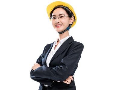 戴着安全帽的女工程师照片