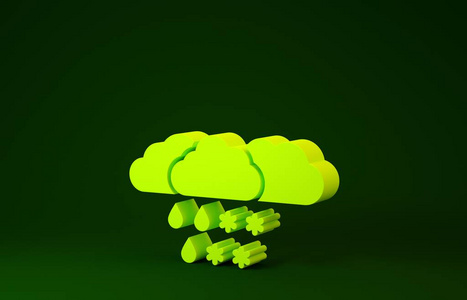 绿色背景上有雪和雨图标的黄色云。天气图标。极简主义概念。三维插图三维渲染