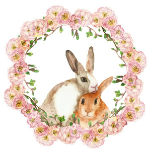 玩具 兔子 米色 动物 开花 花的 可爱的 春天 家庭 花环