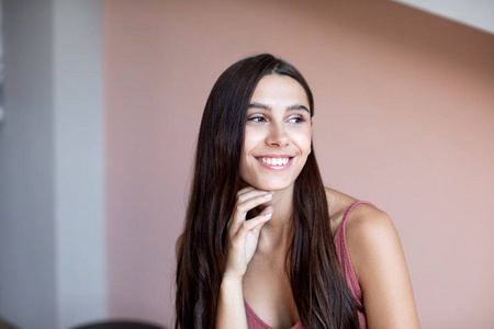 Portrait young beautiful smiling woman at home. 