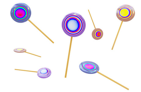 焦糖糖的形式是一个圆形棒棒糖在木棒上，五颜六色抽象螺旋形。逼真的三维渲染，隔离在白色背景上，为节日设计空白。