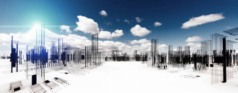 现代三维建筑设计城市。抽象建筑和