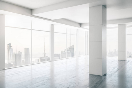 Empty white loft interior with columns and large windows, real e