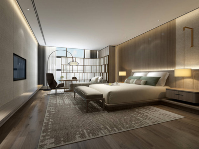 三维 提供 奢侈 酒店 旅行 睡觉 在室内 桌子 家具 公寓