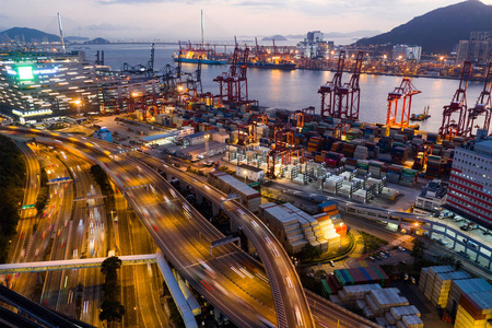 进口 物流 码头 商业 终端 傍晚 航运 货运 港口 香港