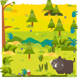 卡通森林场景与野生动物野猪插图儿童
