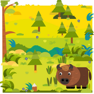 卡通森林场景与野生动物野牛野牛儿童插图
